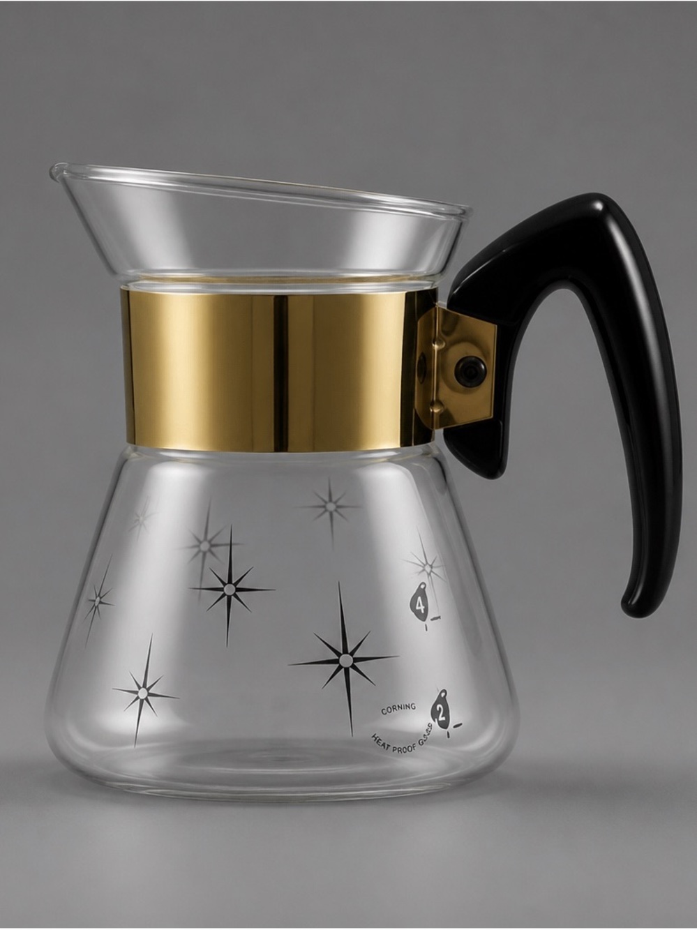 Corningware Glass Coffee Carafe with Gold Band and Black Handle